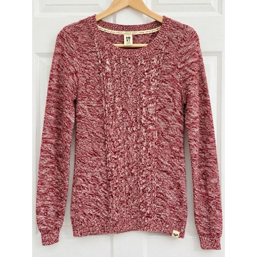 Roxy Women’s Large Cable Knit Sweater Burgundy Cream Cotton Coastal Y2K NWT